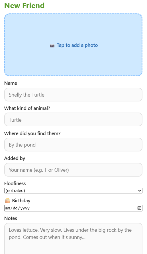 The add-a-critter form on a phone, with fields for name, a photo from the camera roll, notes, birthday, and floofiness rating.