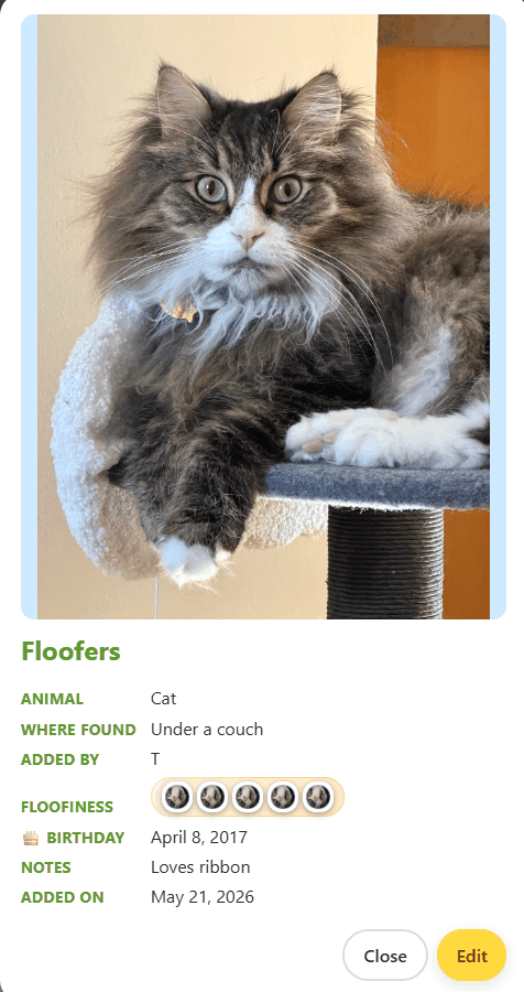 The floofiness ranking page on a phone, with critters rated zero to five using a custom Floofers face as the rating icon.