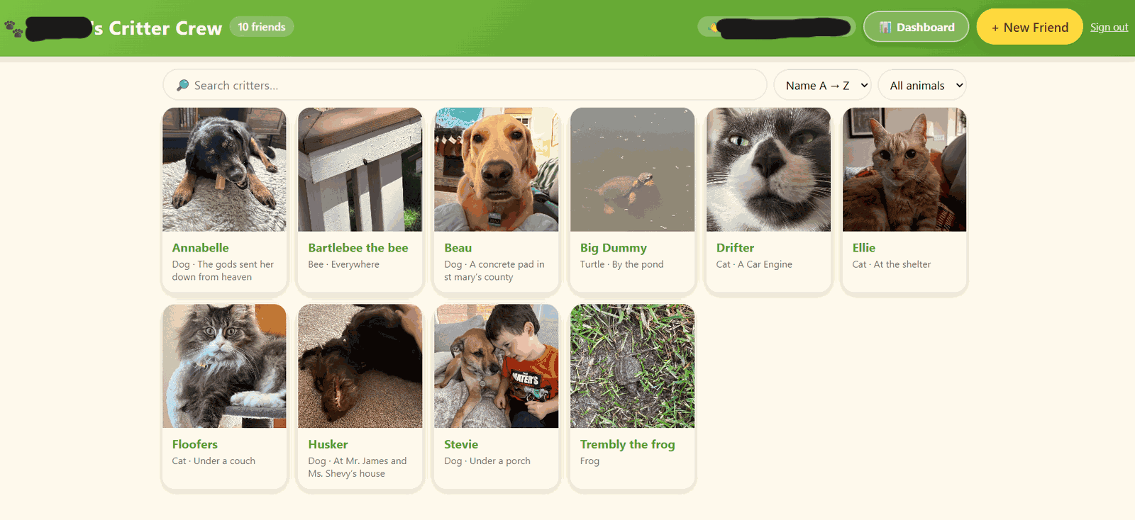 The app's home page in a desktop browser, with a welcome message and the list of logged critters.